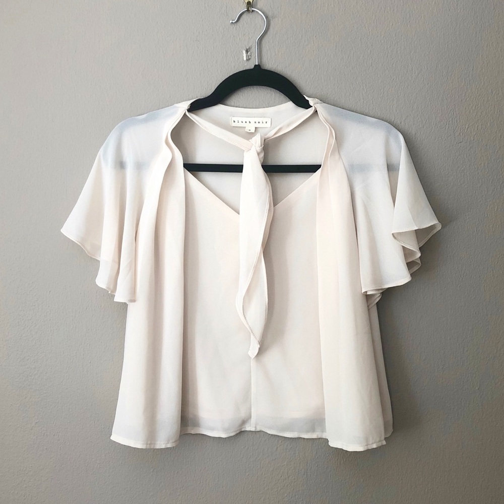 Sheer pink flutter sleeve v-neck top with neck tie
